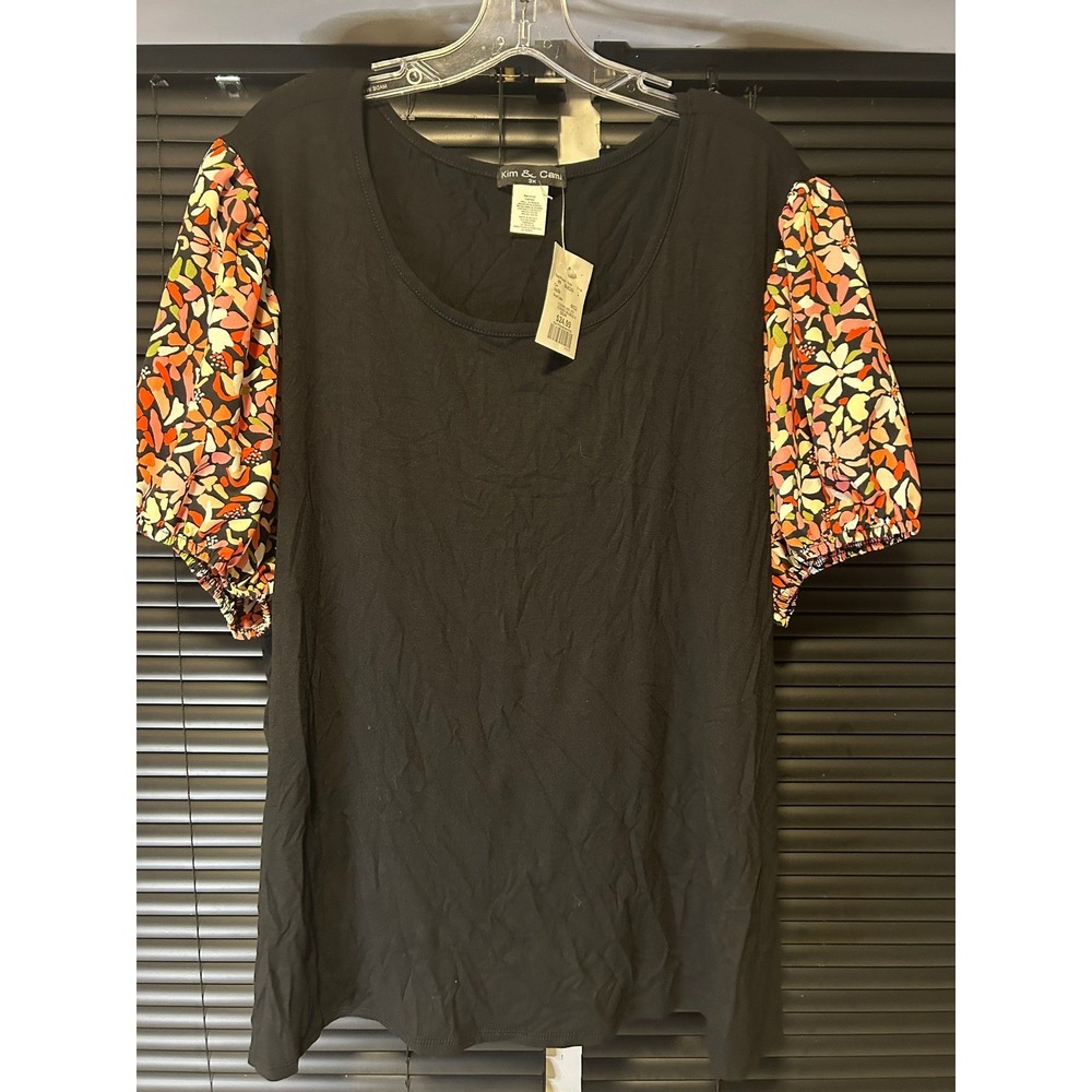 Kim & Cami Top Womens 3X Black Floral Puff Sleeve Casual Knit Scoop Neck Blouse